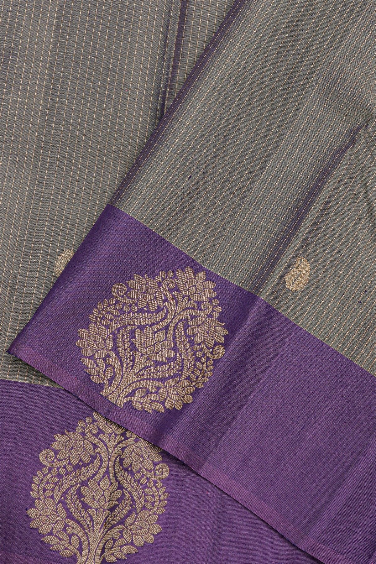 Kancheepuram Silk Grey Saree Zari Checks Body Open Border