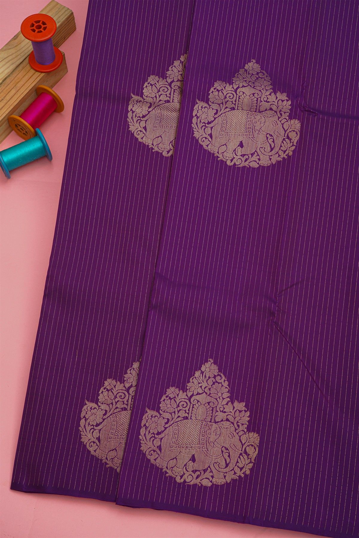 Kancheepuram Silk Violet Saree With Elephants And Lines In Zari Body