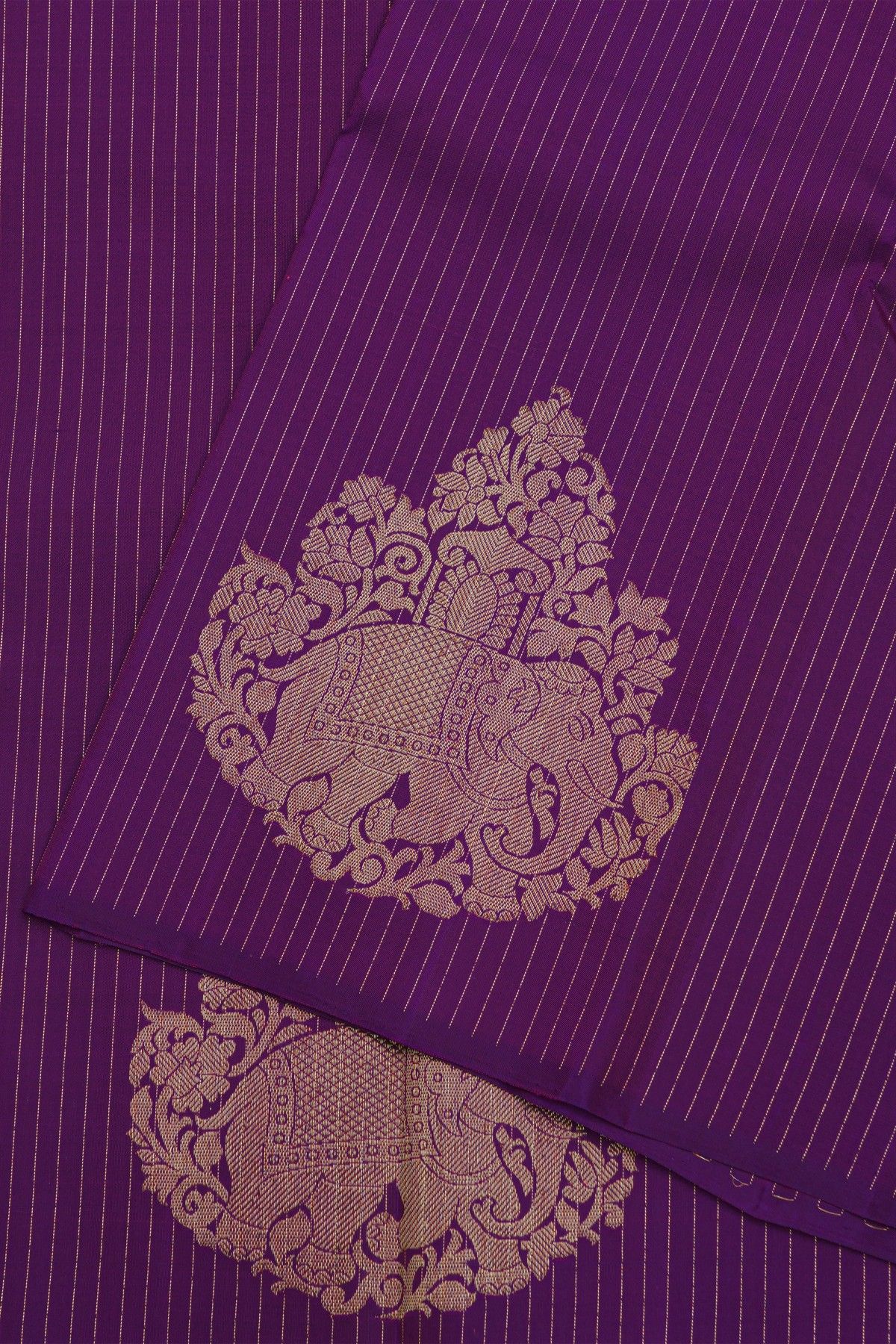 Kancheepuram Silk Violet Saree With Elephants And Lines In Zari Body
