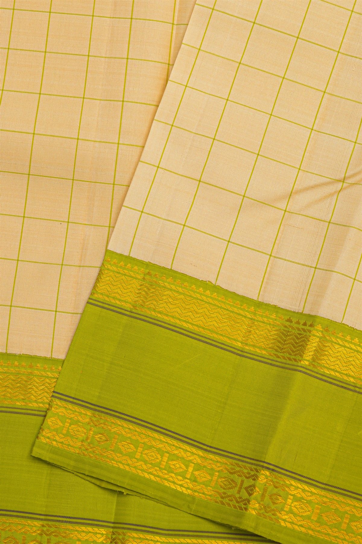 Kancheepuram Silk Off White Saree With Thread Checks Kuttu Gap Border