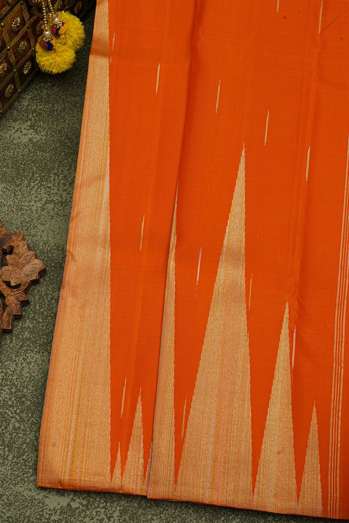 Kancheepuram Silk Orange Saree With Huge Golden Zari Temples And Buttis