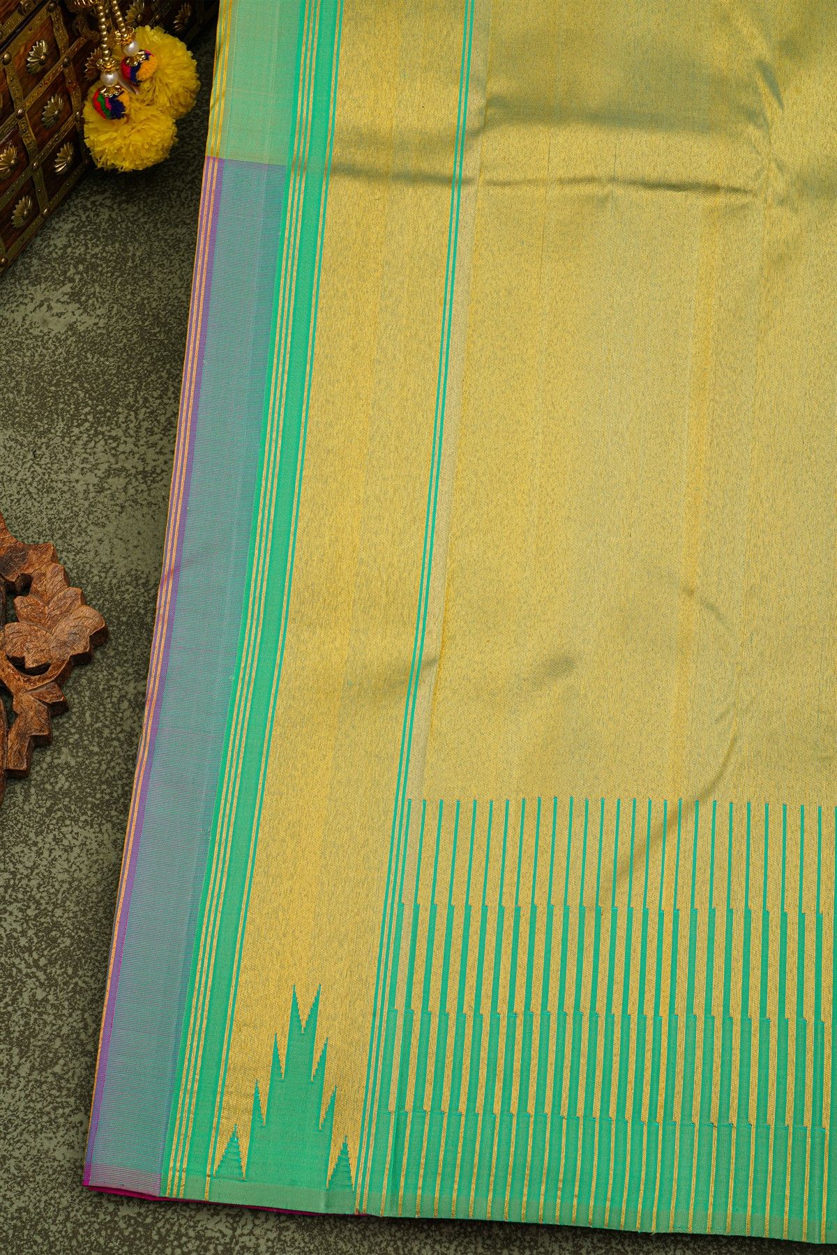 Kancheepuram Silk Yellow Saree With Zari Lines Body Half And Half Design