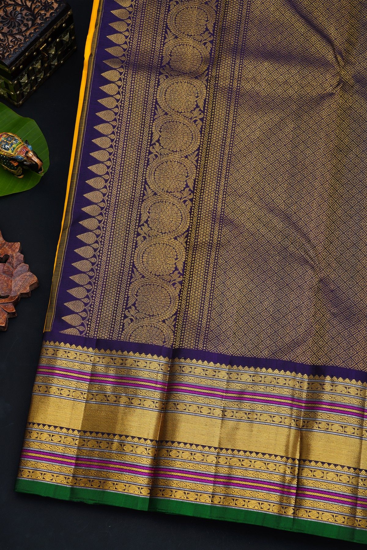 Kancheepuram Silk Yellow Saree With Gold Buttas And Peacock And Elephant Motif Kaddi Zari Border