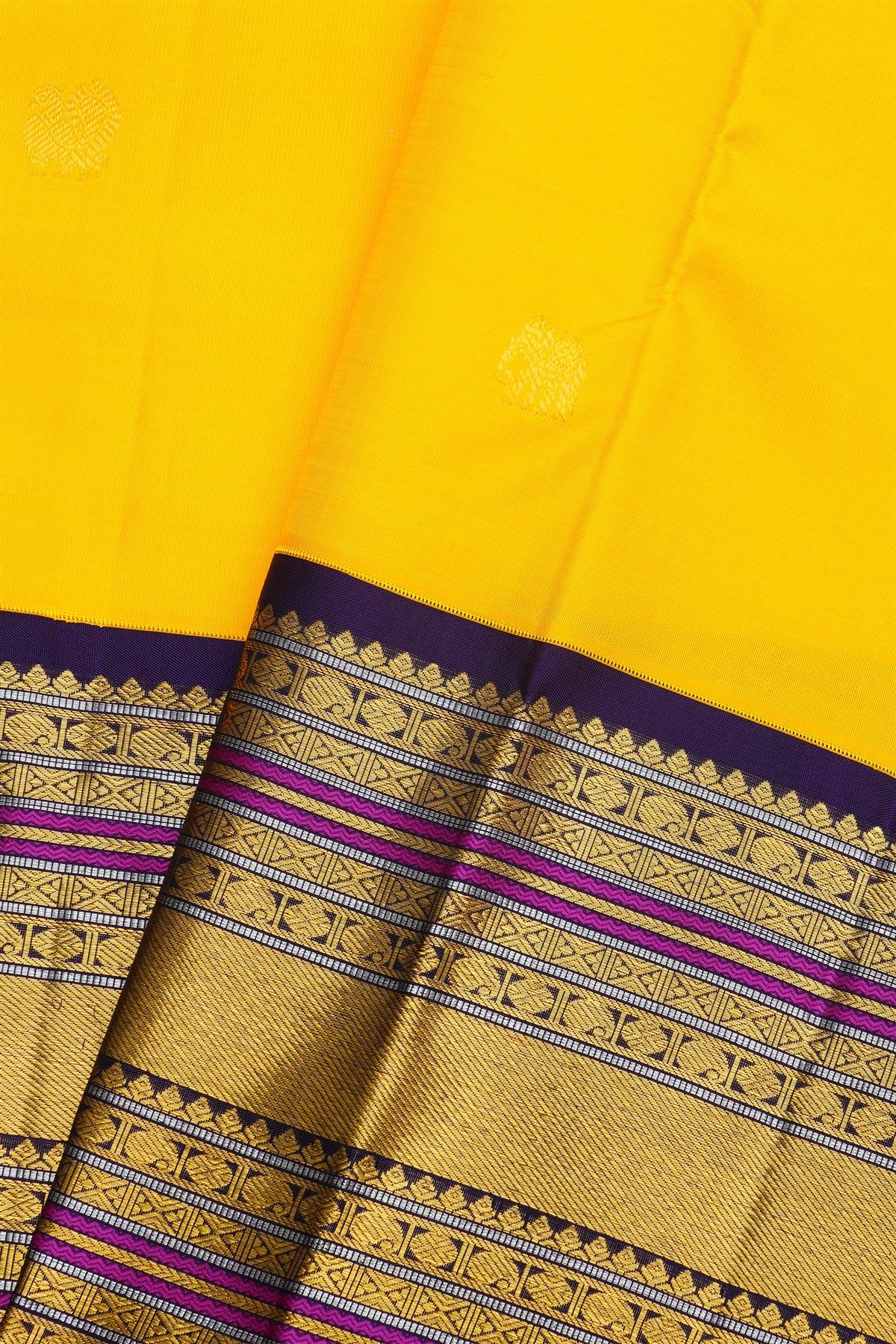 Kancheepuram Silk Yellow Saree With Gold Buttas And Peacock And Elephant Motif Kaddi Zari Border