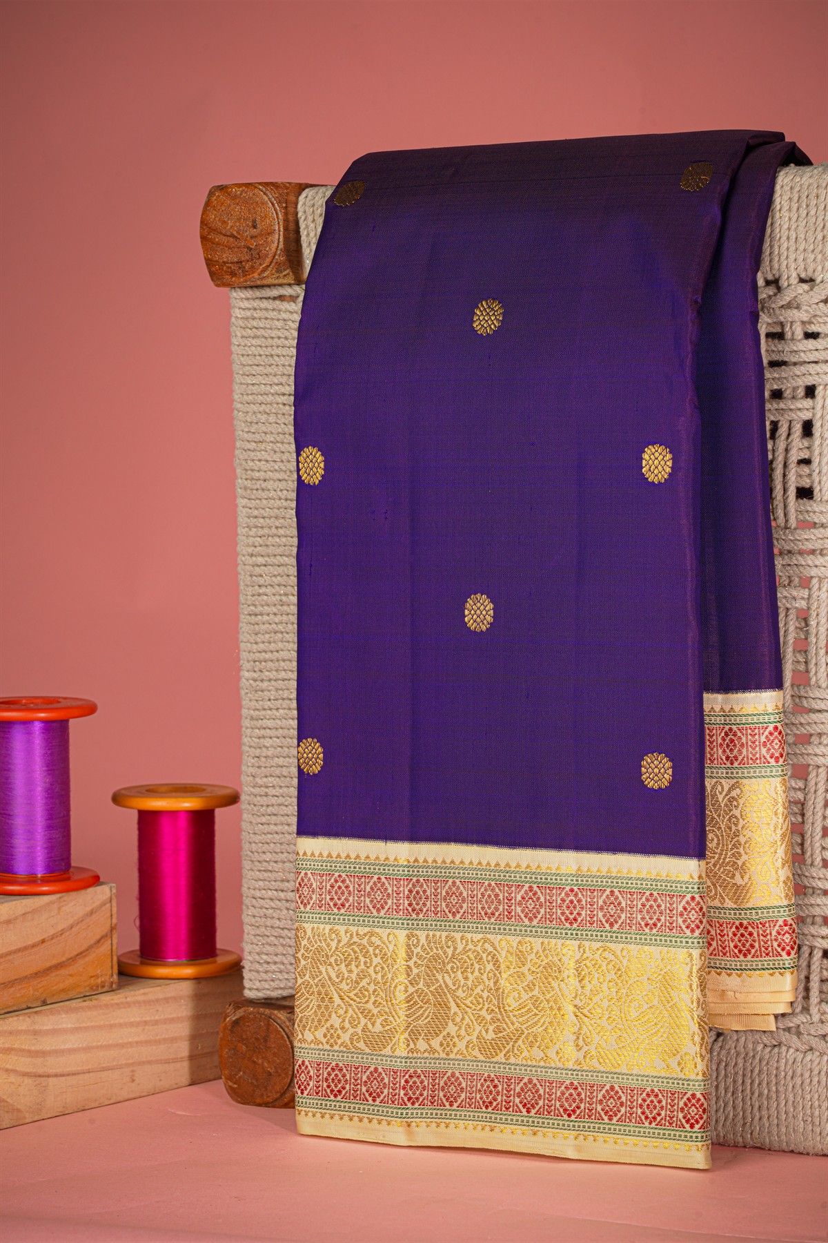 Kancheepuram Silk Violet Saree With Rudraksha Buttis Traditional Border