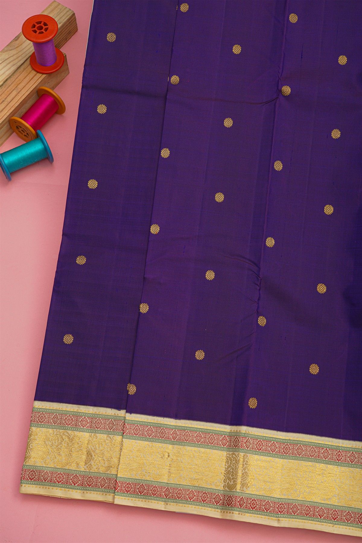 Kancheepuram Silk Violet Saree With Rudraksha Buttis Traditional Border