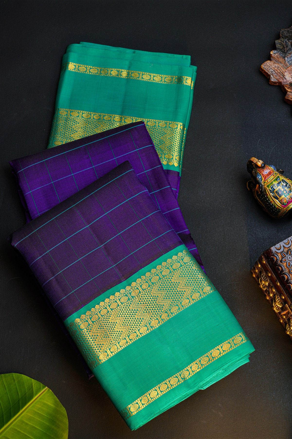Kancheepuram Silk Royal Blue Saree With Checks Body And Contrast Gap Border