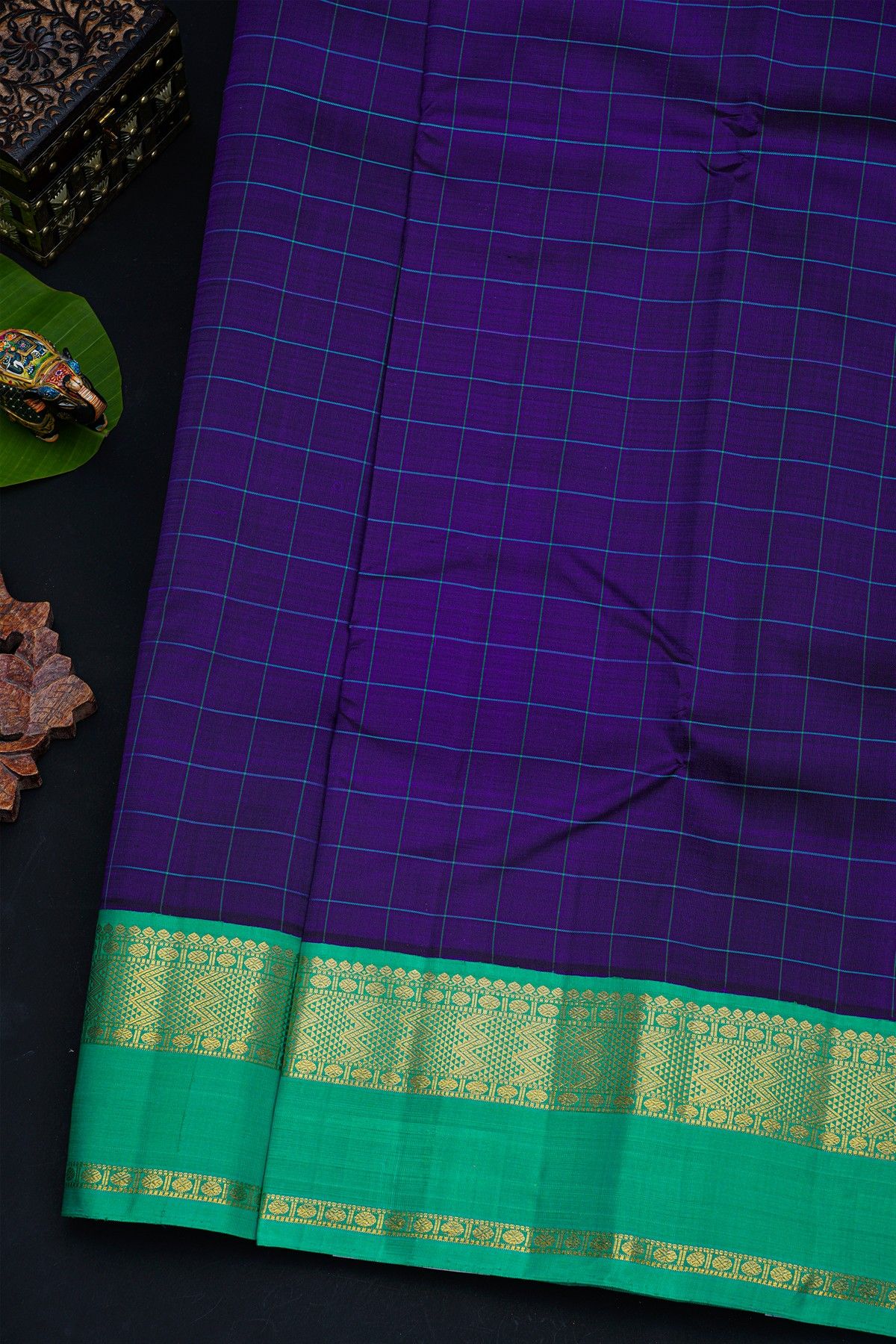 Kancheepuram Silk Royal Blue Saree With Checks Body And Contrast Gap Border