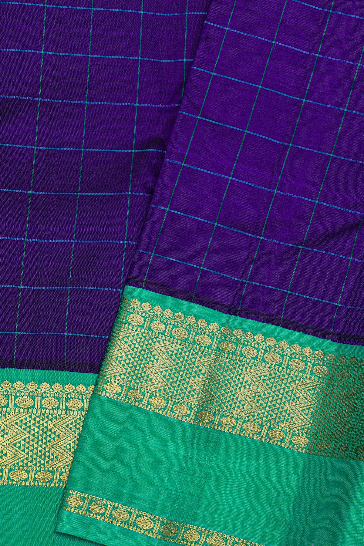 Kancheepuram Silk Royal Blue Saree With Checks Body And Contrast Gap Border