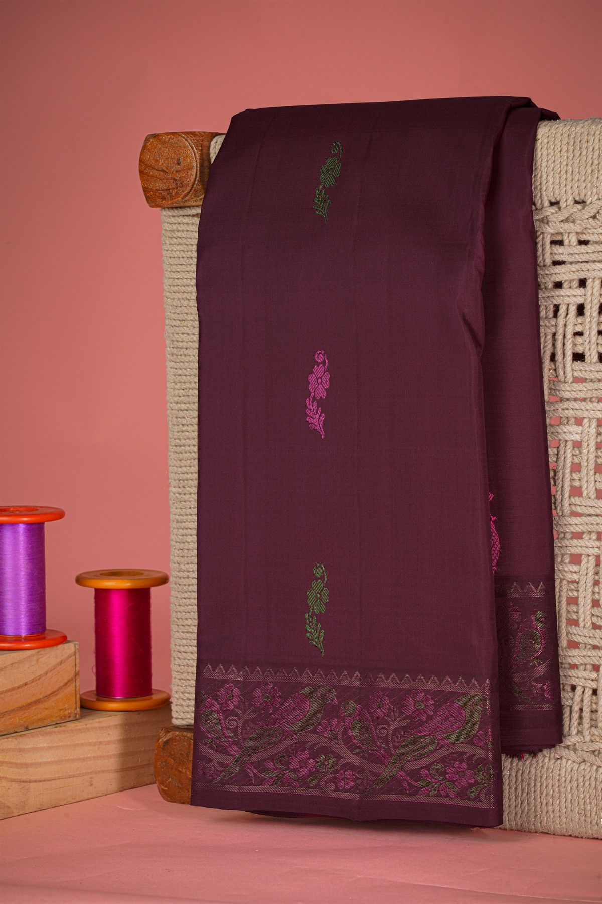 Kancheepuram Silk Wine Saree With Meenakari Buttis