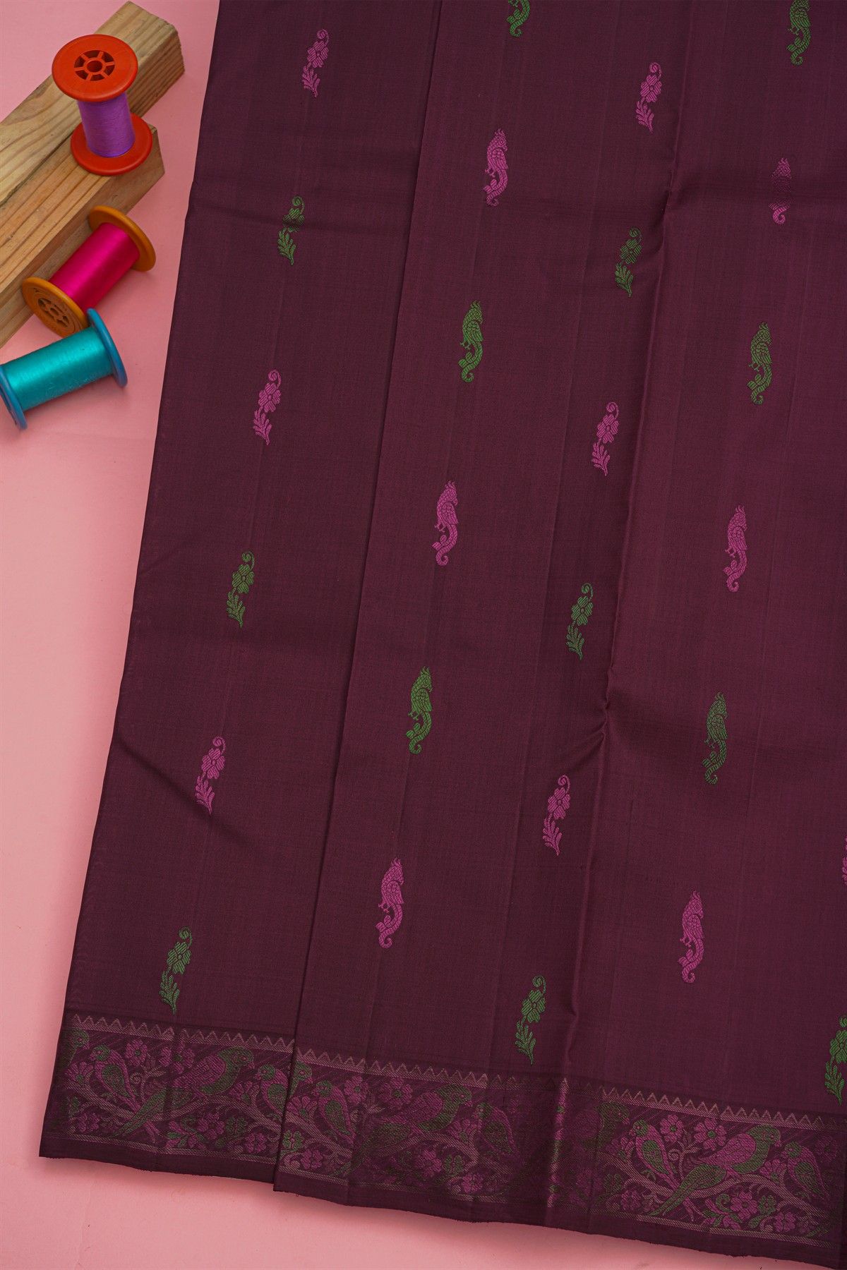 Kancheepuram Silk Wine Saree With Meenakari Buttis