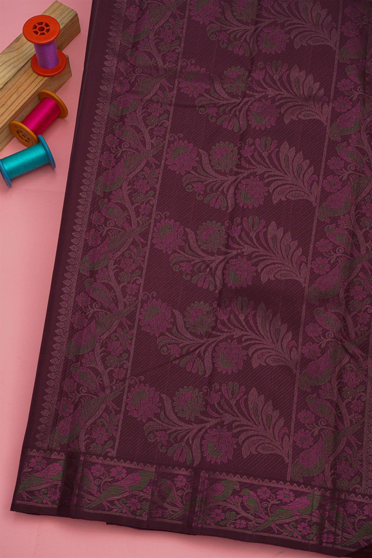 Kancheepuram Silk Wine Saree With Meenakari Buttis