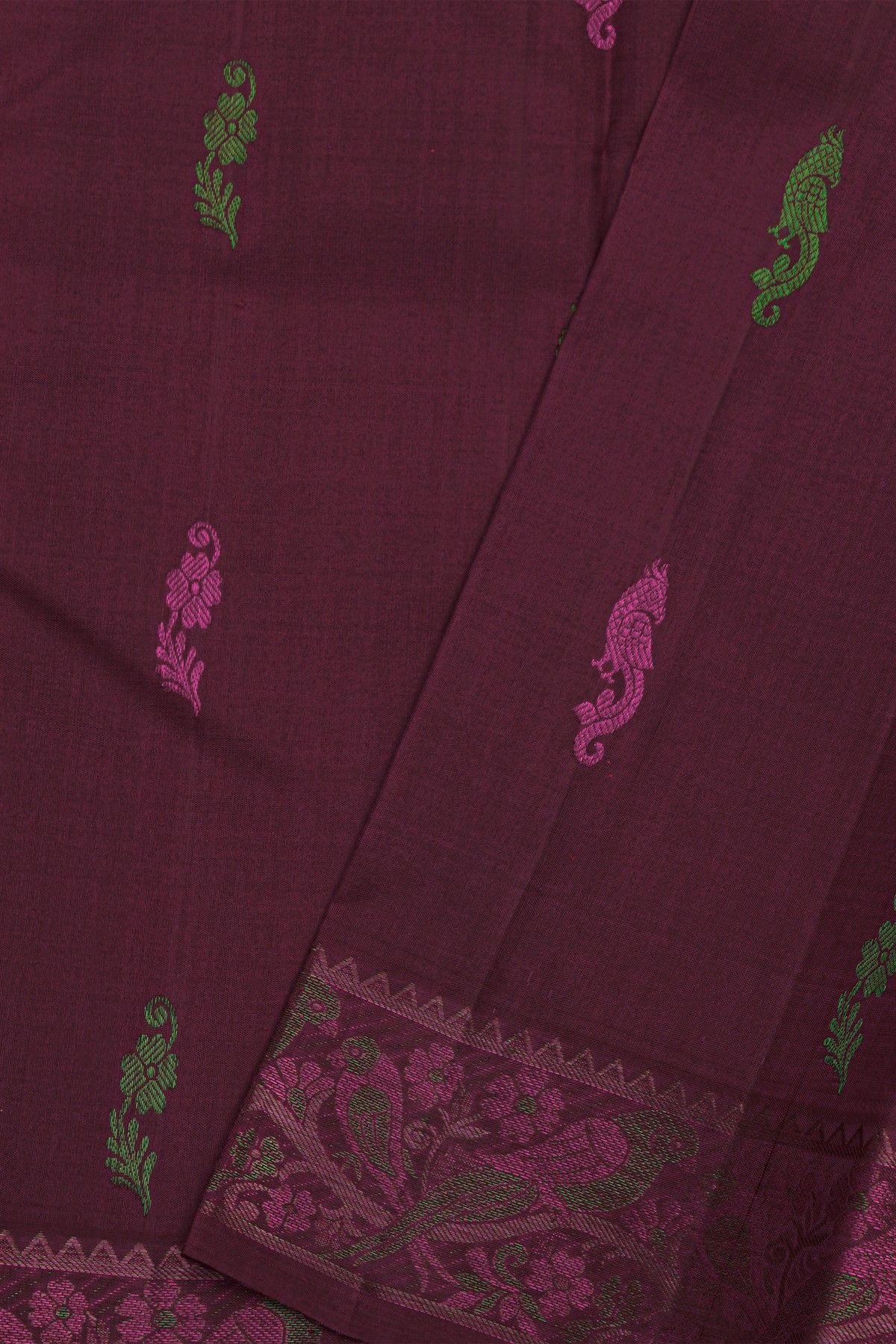 Kancheepuram Silk Wine Saree With Meenakari Buttis