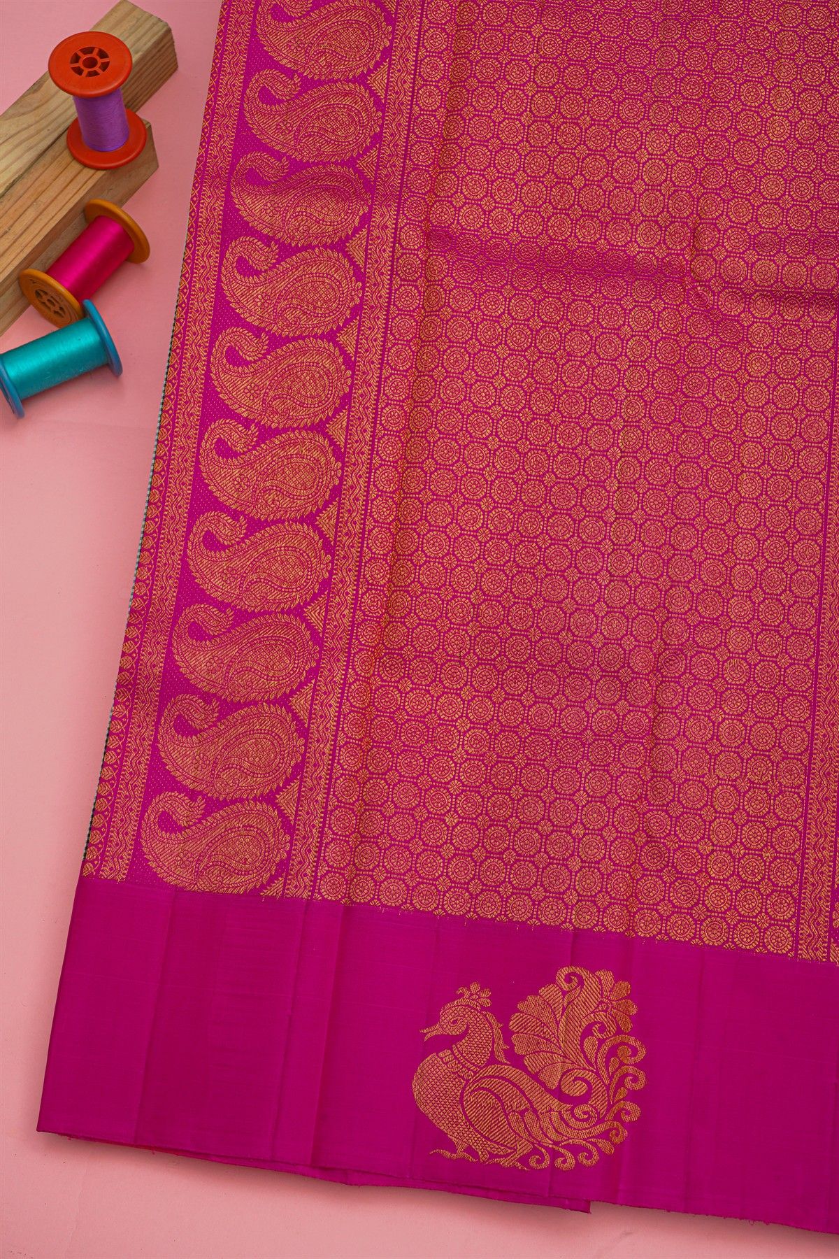 Kancheepuram Silk Dual Colour Saree With Kattam Checks Body Peacock Motifs Border