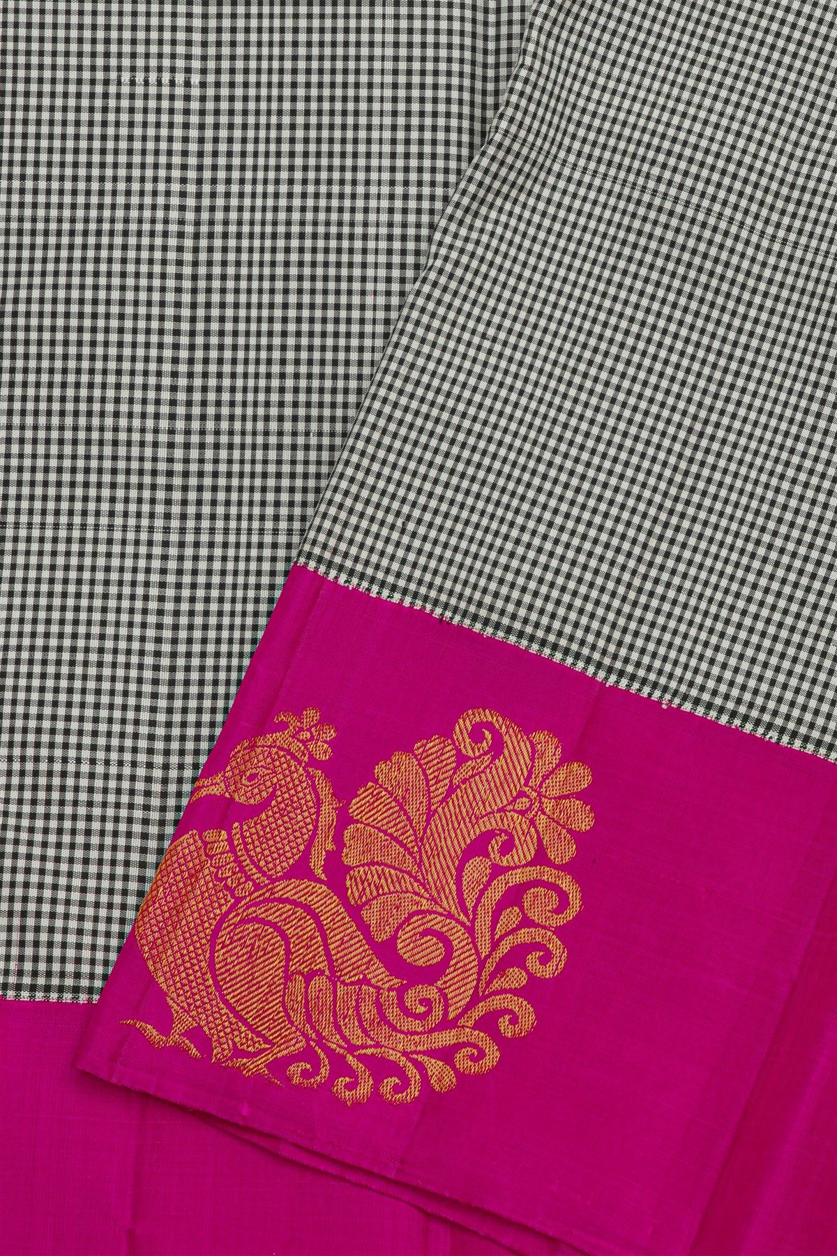 Kancheepuram Silk Dual Colour Saree With Kattam Checks Body Peacock Motifs Border