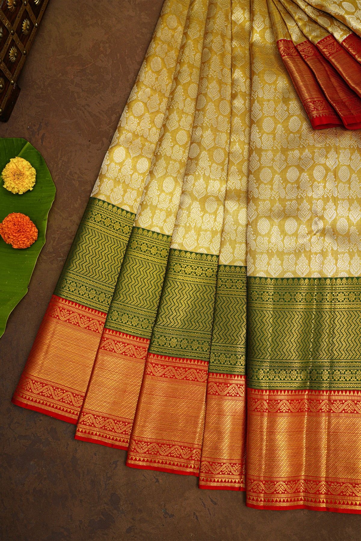 Kancheepuram Tissue Gold Saree With Majestic Floral Brocade Pallu