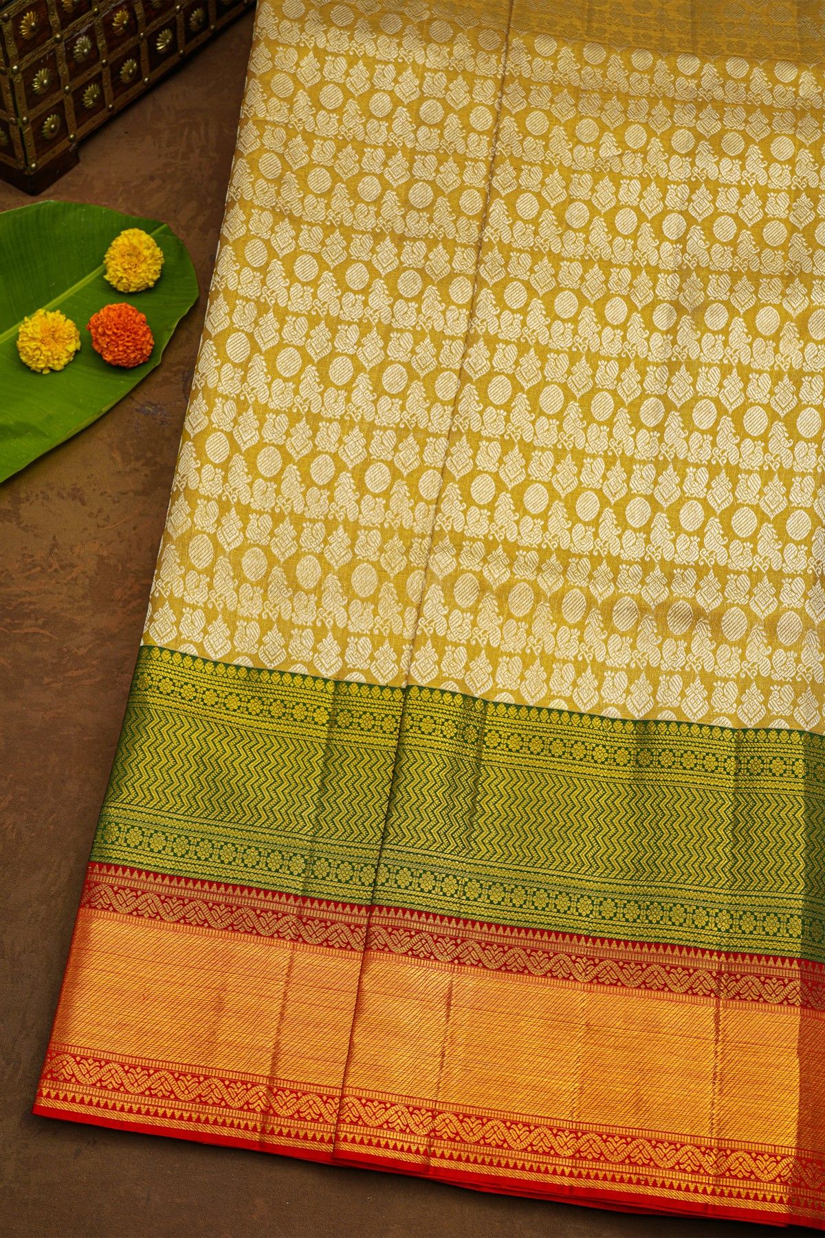 Kancheepuram Tissue Gold Saree With Majestic Floral Brocade Pallu