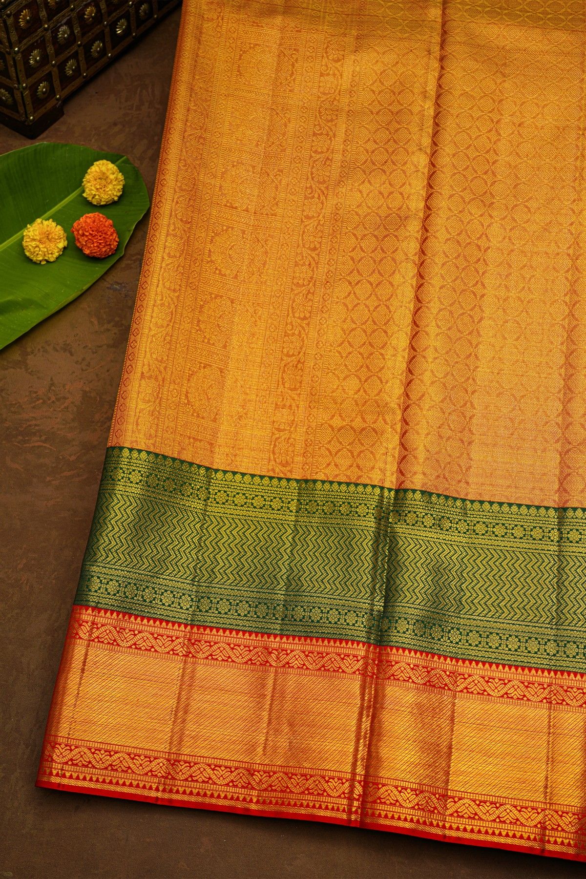 Kancheepuram Tissue Gold Saree With Majestic Floral Brocade Pallu