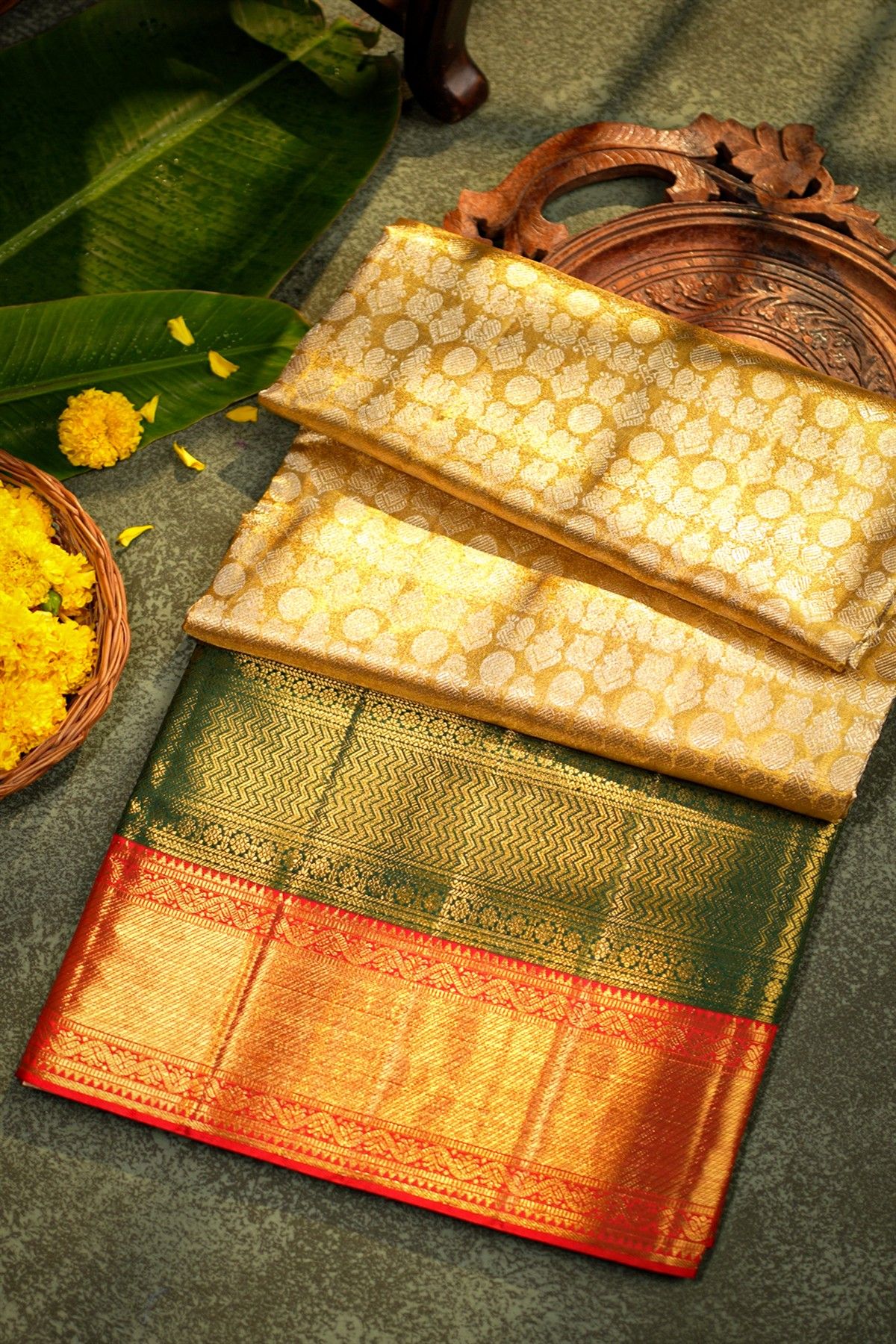 Kancheepuram Tissue Gold Saree With Majestic Floral Brocade Pallu