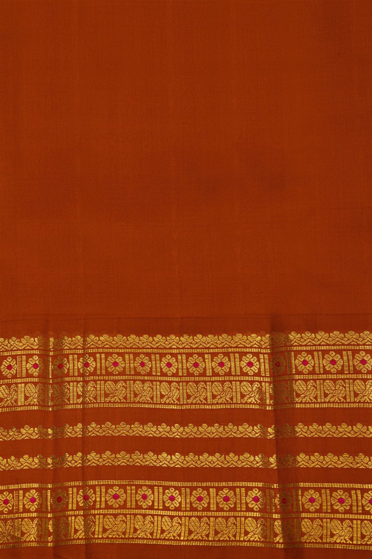 Kancheepuram Silk Black Saree With Gold Buttas And Rich Orange Traditional Zari Border
