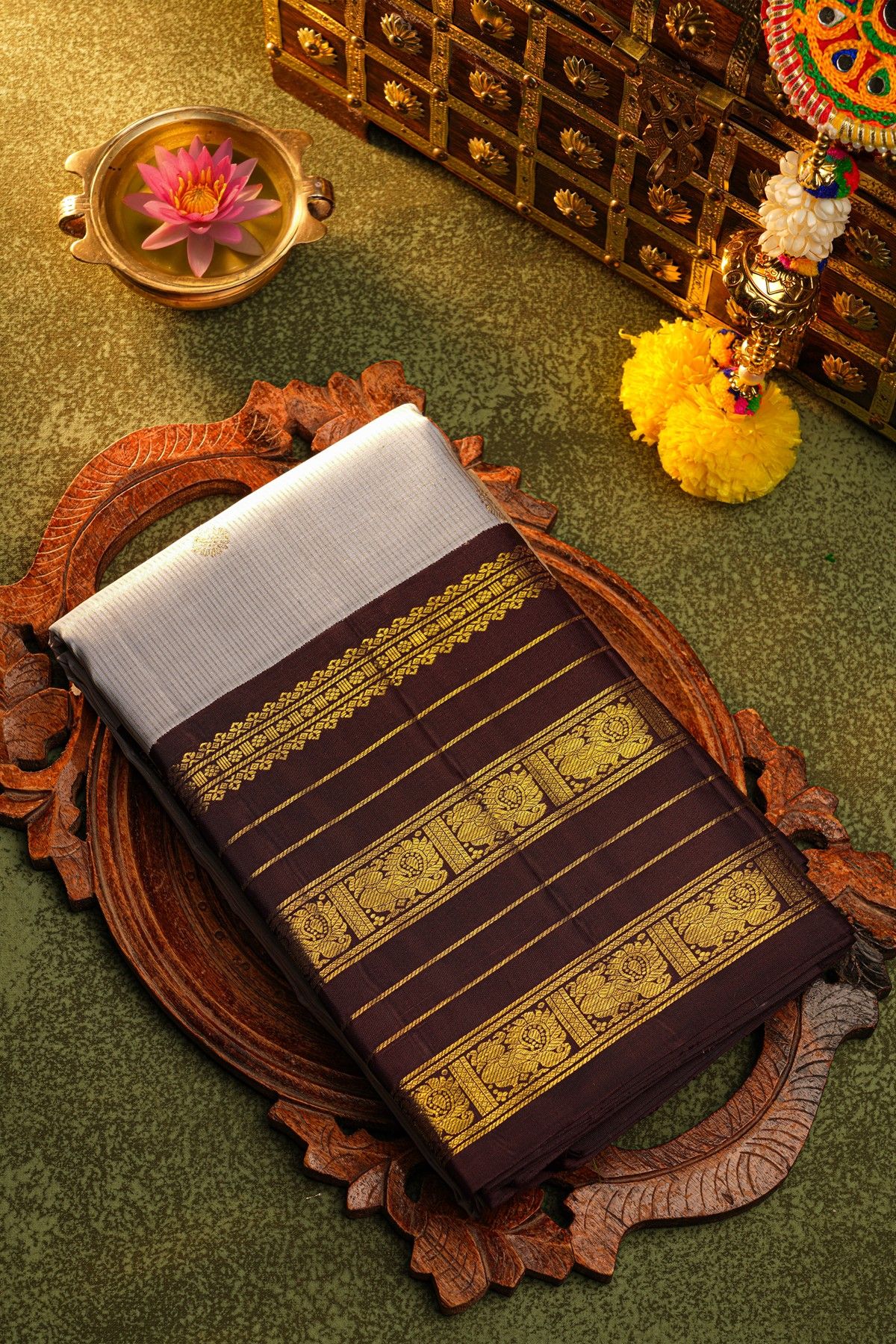 Kancheepuram Silk Light Grey Saree With Florals And Peacocks In Lines Body Traditional Border
