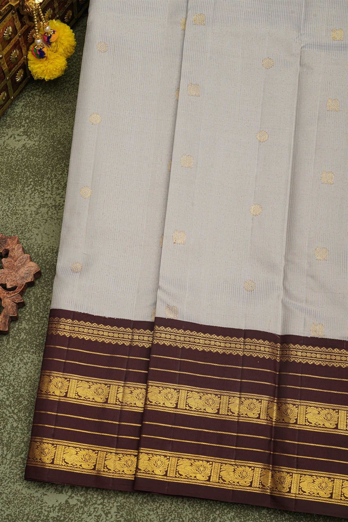 Kancheepuram Silk Light Grey Saree With Florals And Peacocks In Lines Body Traditional Border