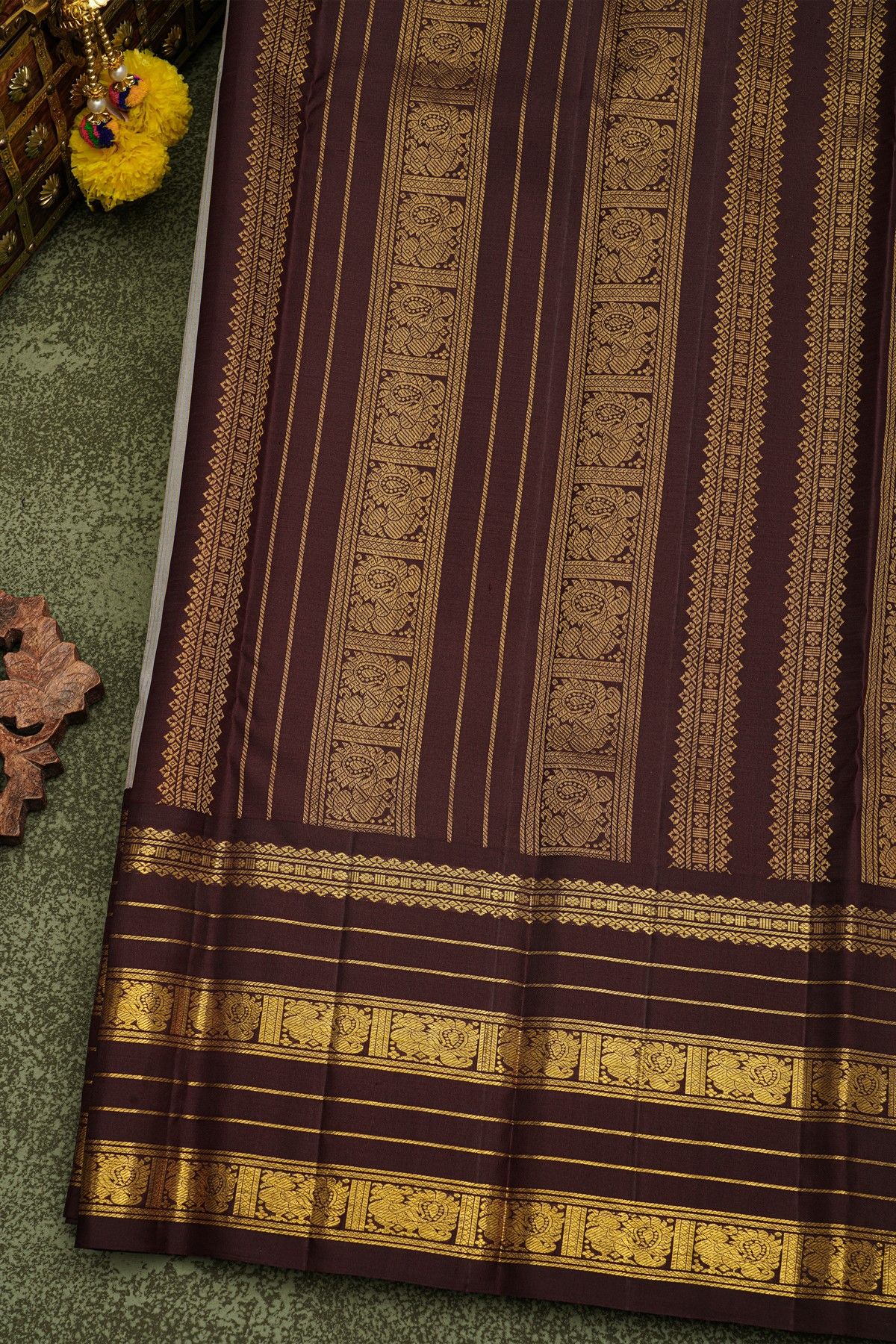 Kancheepuram Silk Light Grey Saree With Florals And Peacocks In Lines Body Traditional Border