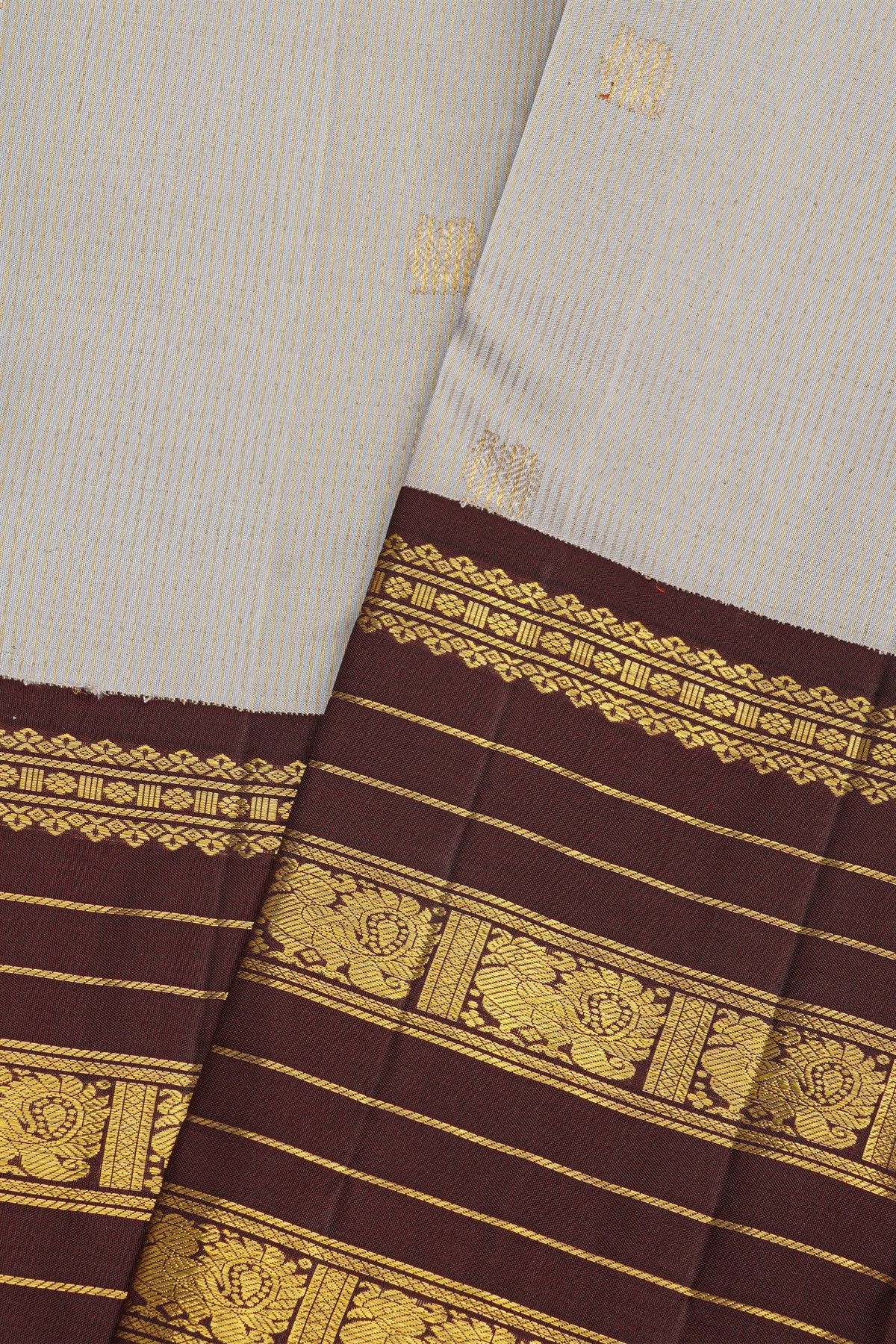 Kancheepuram Silk Light Grey Saree With Florals And Peacocks In Lines Body Traditional Border