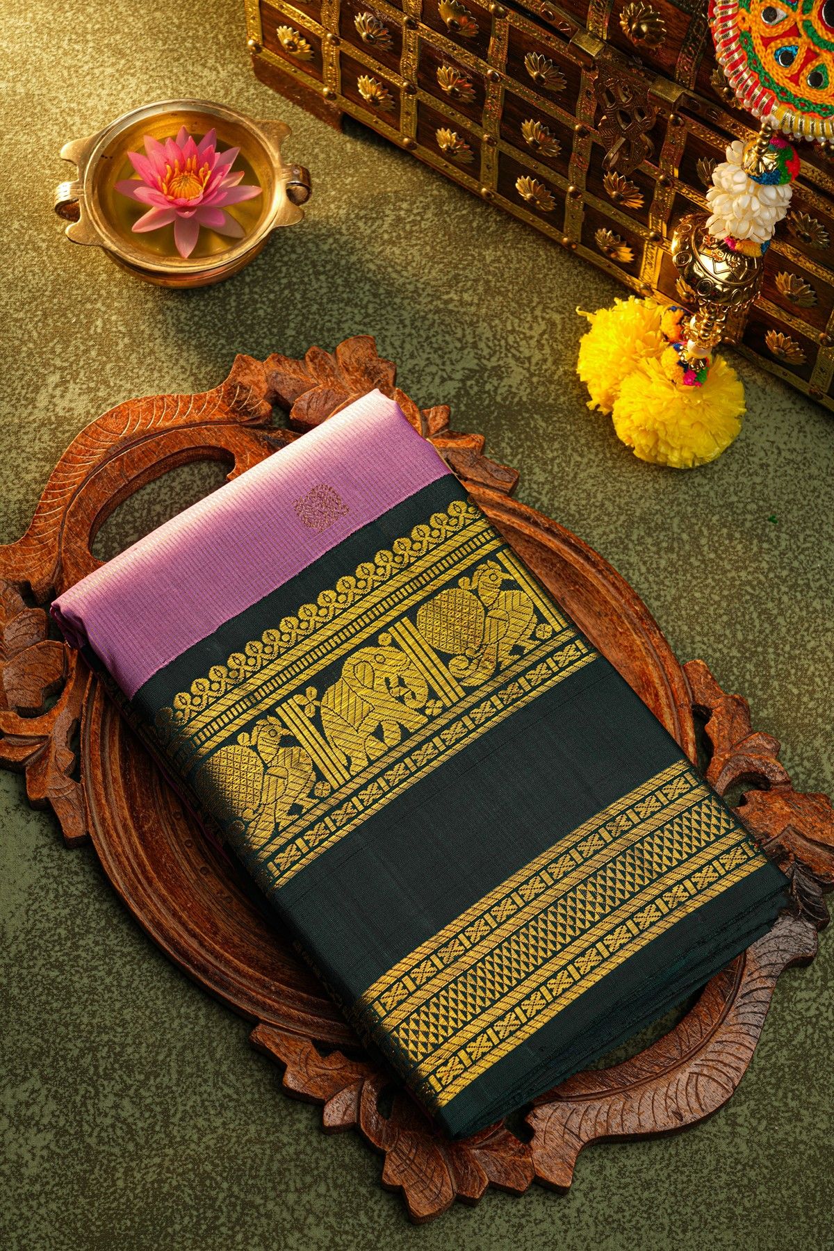 Kancheepuram Silk Lavender Saree With Gold Buttas And Peacock Motif Zari Border