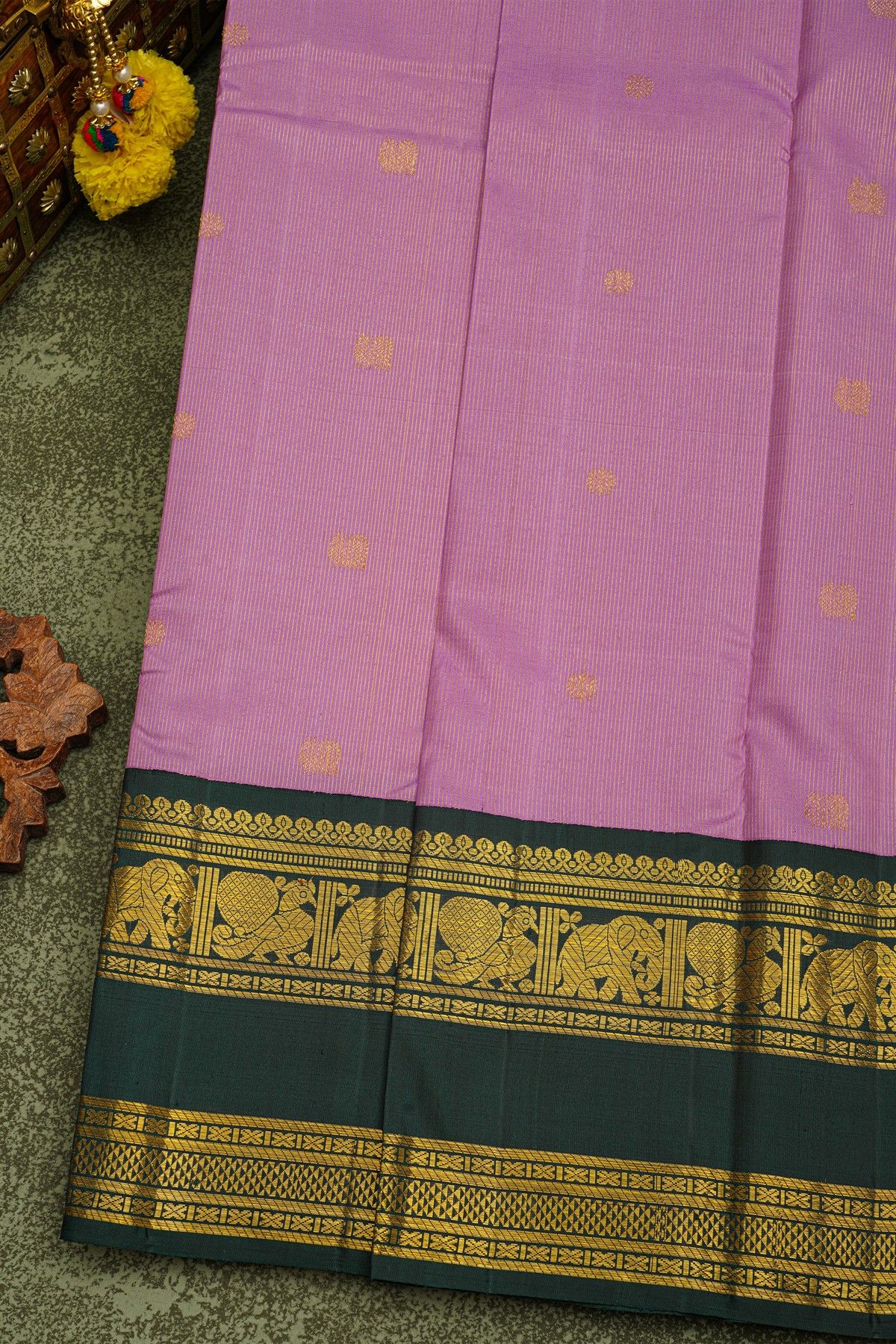 Kancheepuram Silk Lavender Saree With Gold Buttas And Peacock Motif Zari Border