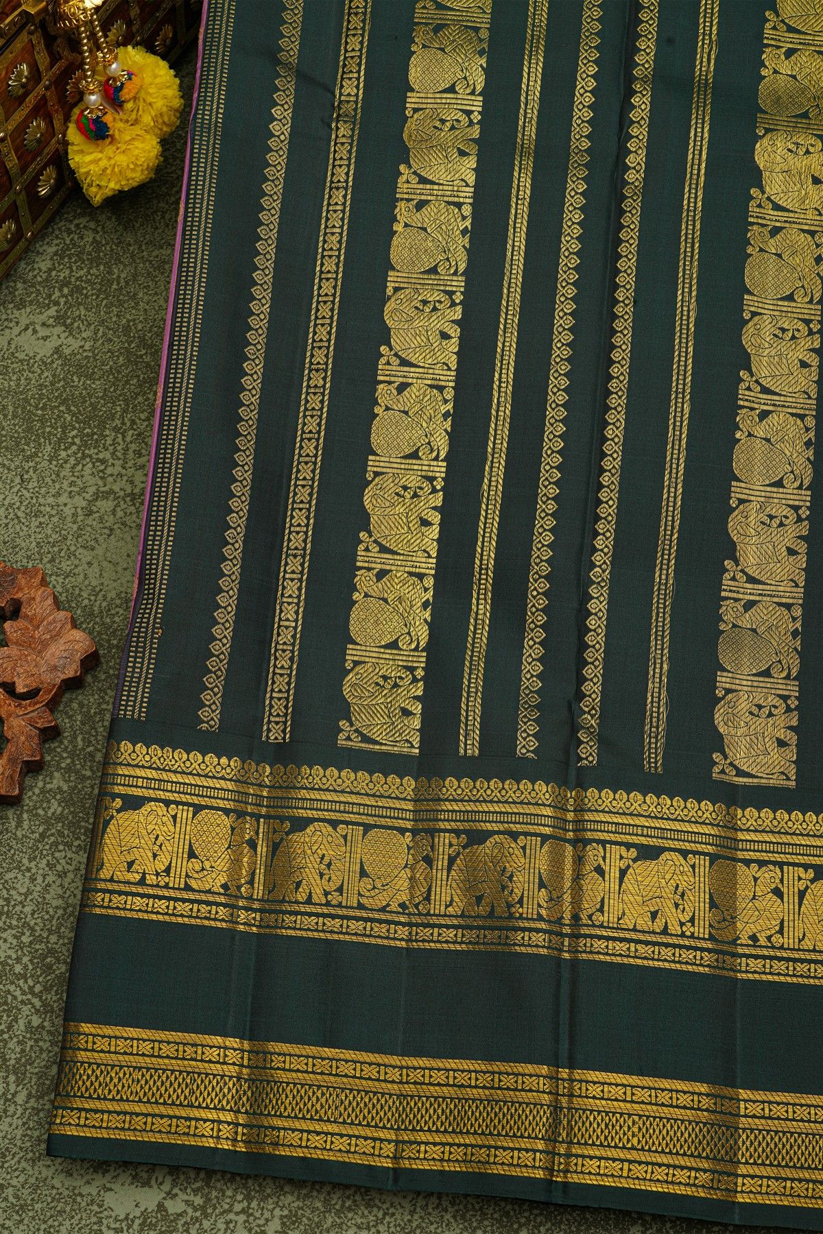 Kancheepuram Silk Lavender Saree With Gold Buttas And Peacock Motif Zari Border