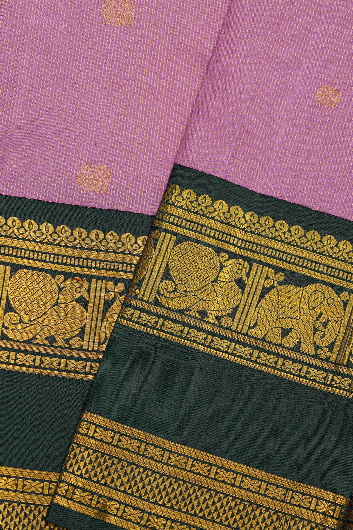 Kancheepuram Silk Lavender Saree With Gold Buttas And Peacock Motif Zari Border