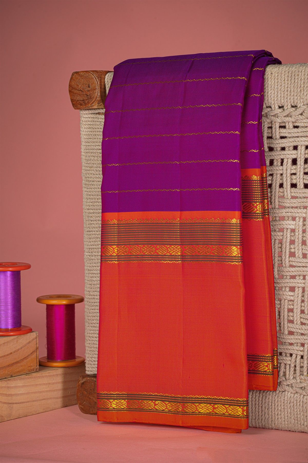 Kancheepuram Silk Dark Purple Saree WIth Gap Border Motifs