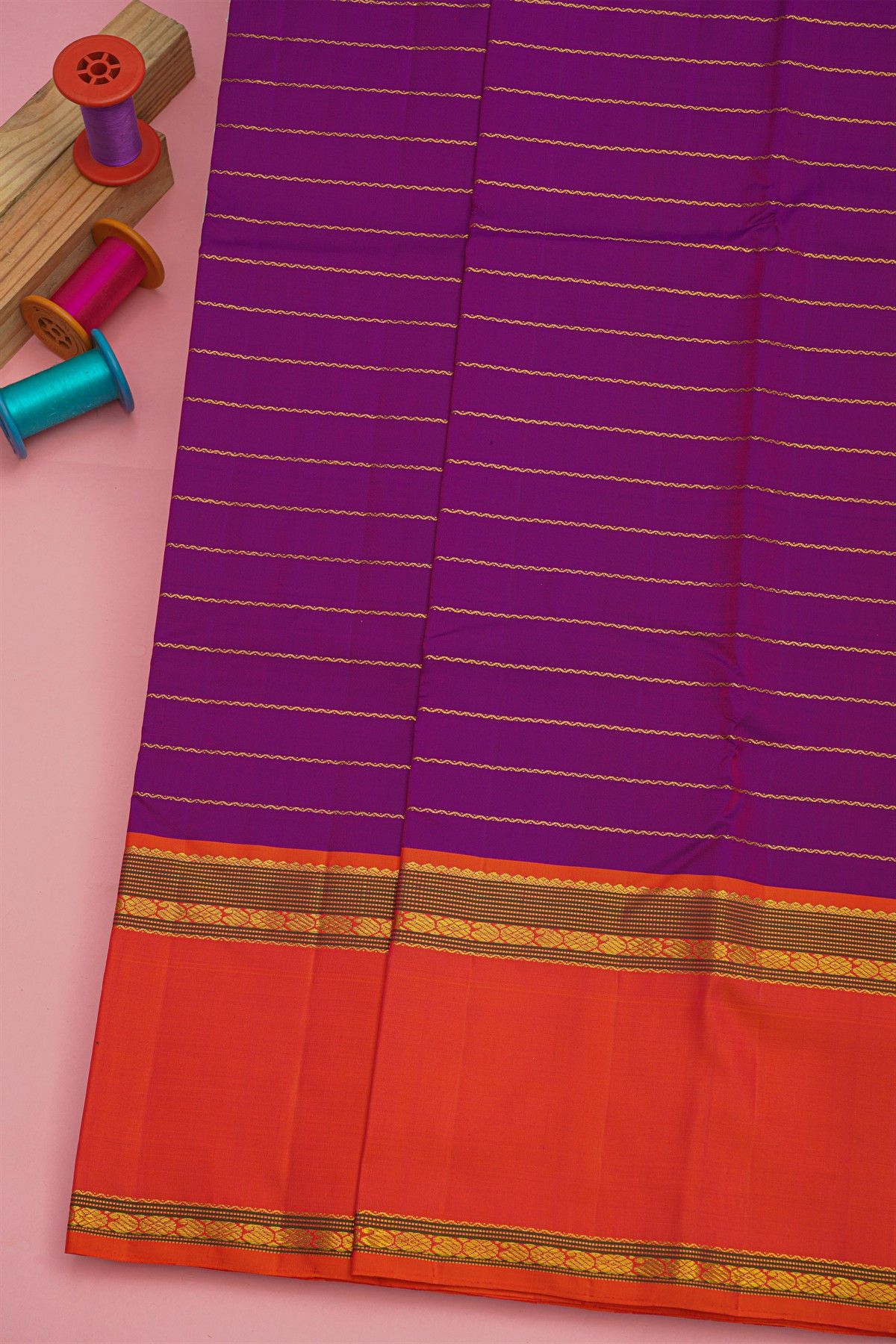 Kancheepuram Silk Dark Purple Saree WIth Gap Border Motifs