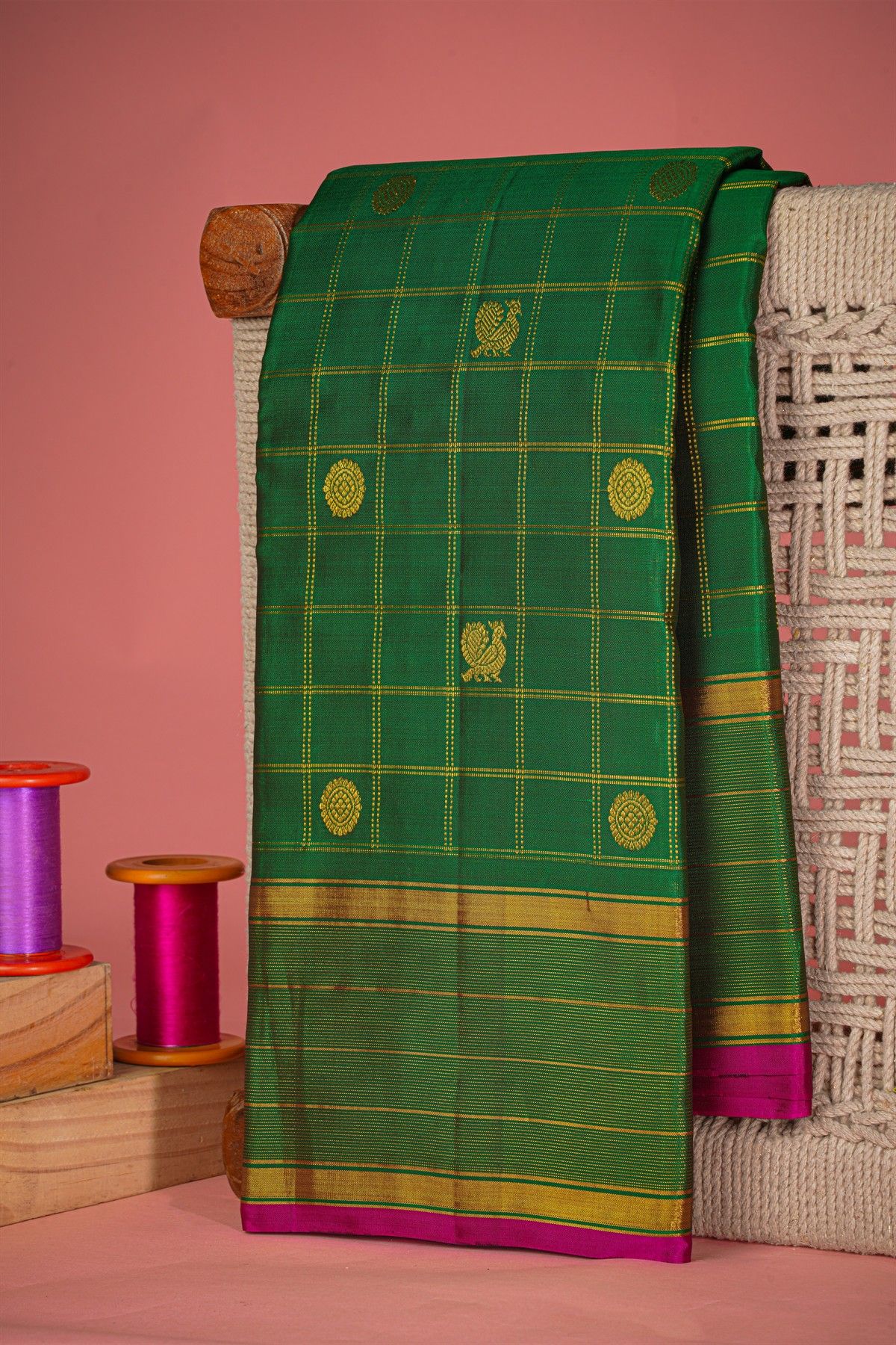 Kancheepuram Silk Bottle Green Saree With Zari Lines In Checks