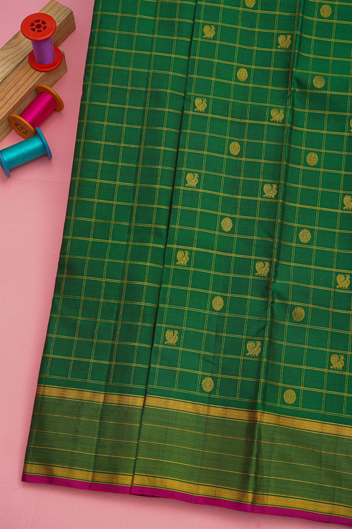 Kancheepuram Silk Bottle Green Saree With Zari Lines In Checks