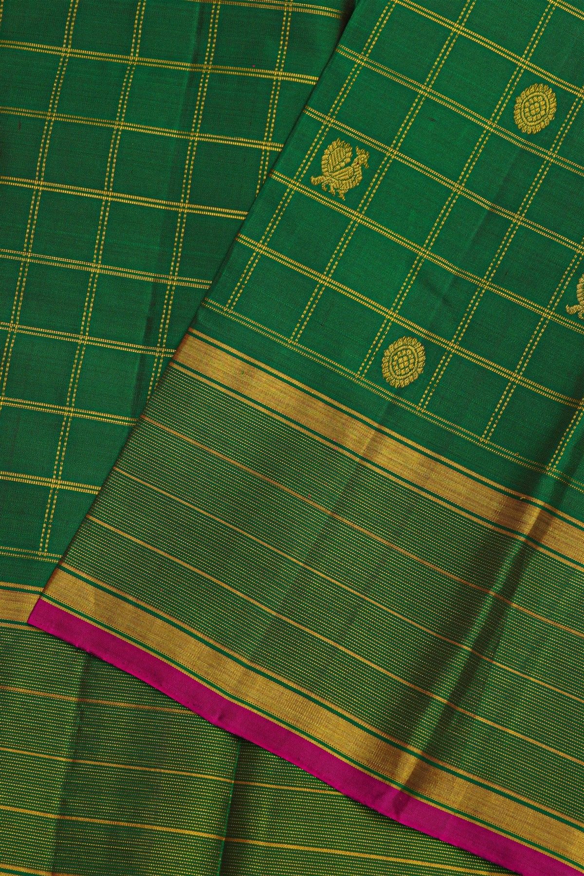 Kancheepuram Silk Bottle Green Saree With Zari Lines In Checks