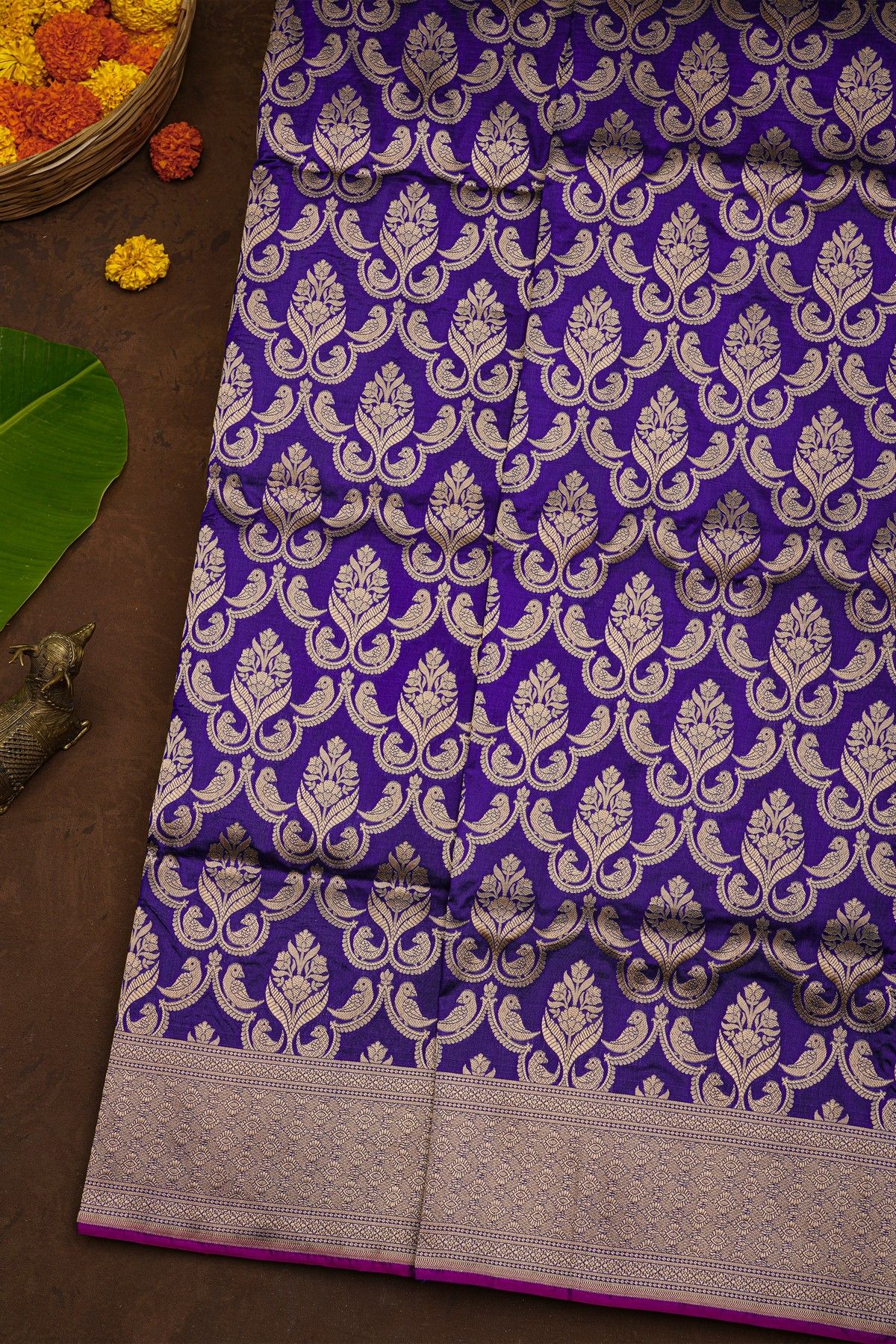 Banarasi Silk Purple Saree With Florals And Birds