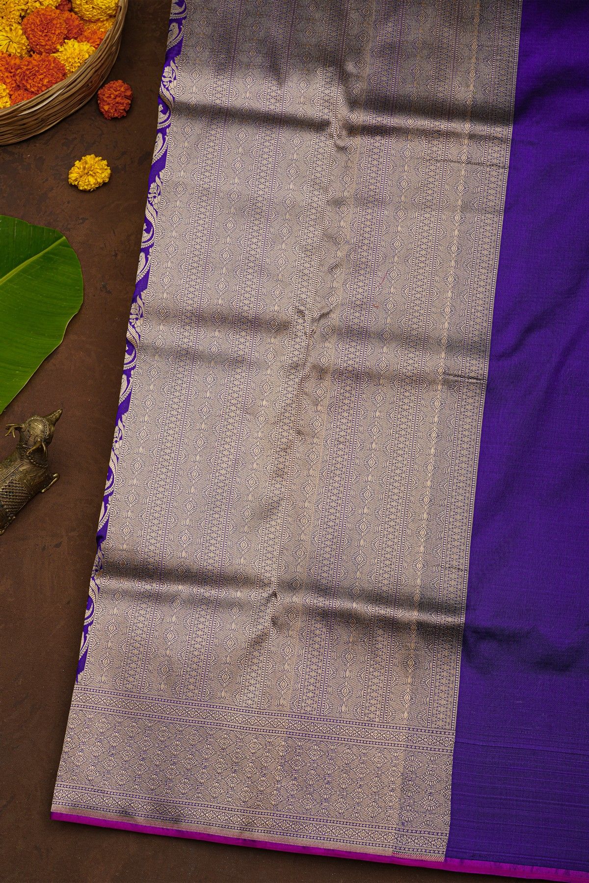Banarasi Silk Purple Saree With Florals And Birds