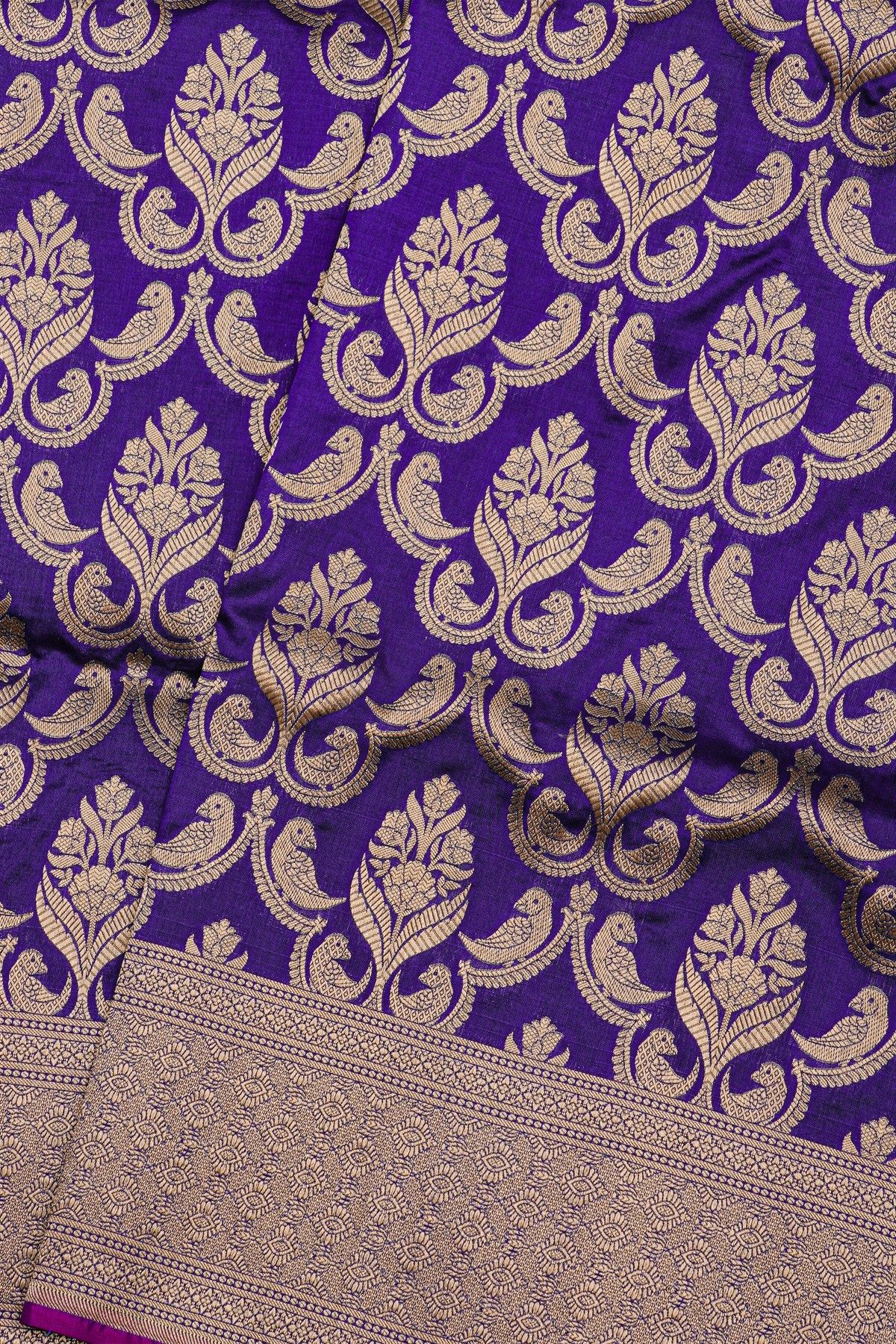 Banarasi Silk Purple Saree With Florals And Birds