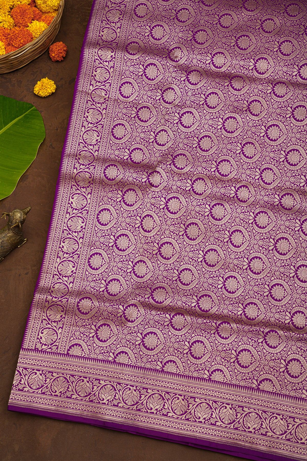 Banarasi Silk Purple Saree With Florals And Buttis