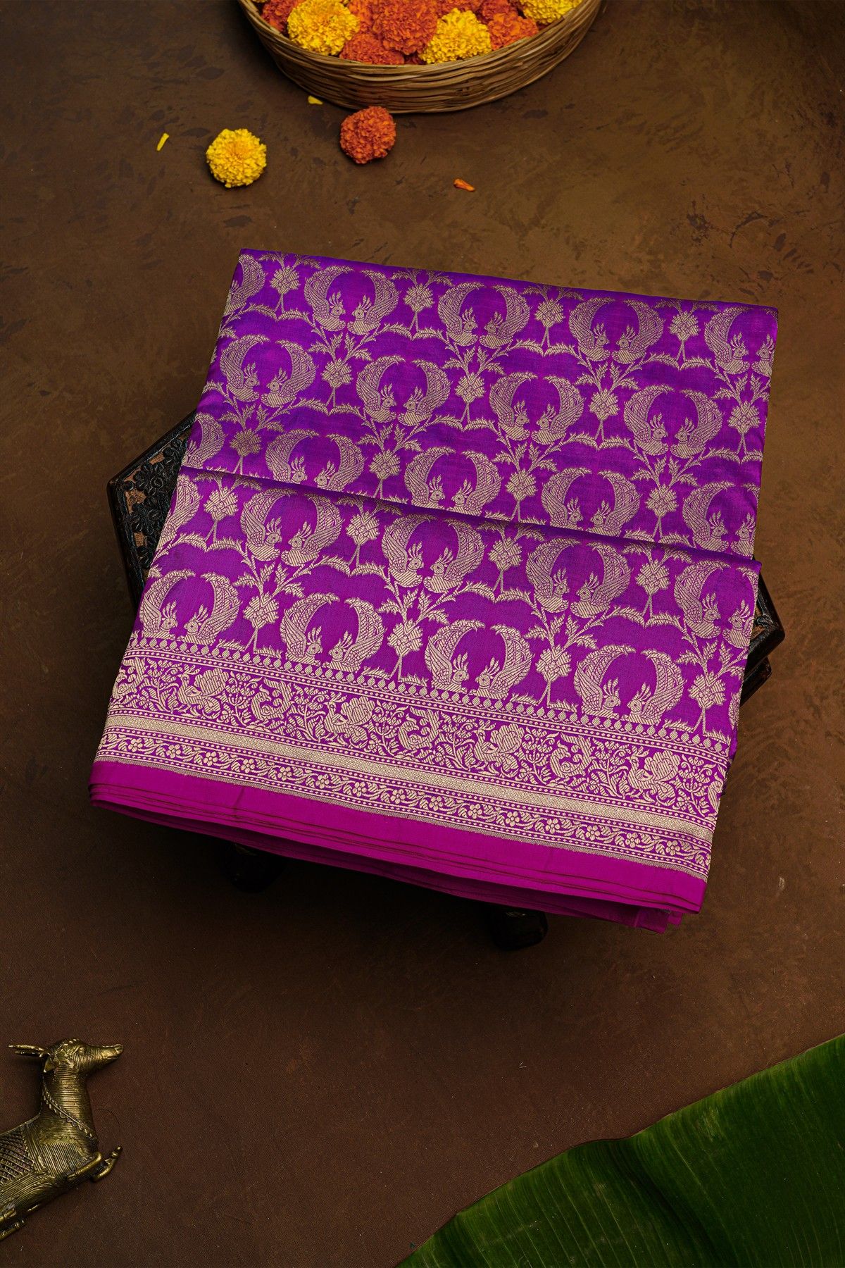 Banarasi Silk Purple Saree With Florals And Birds