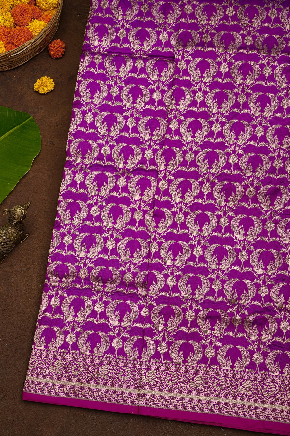 Banarasi Silk Purple Saree With Florals And Birds