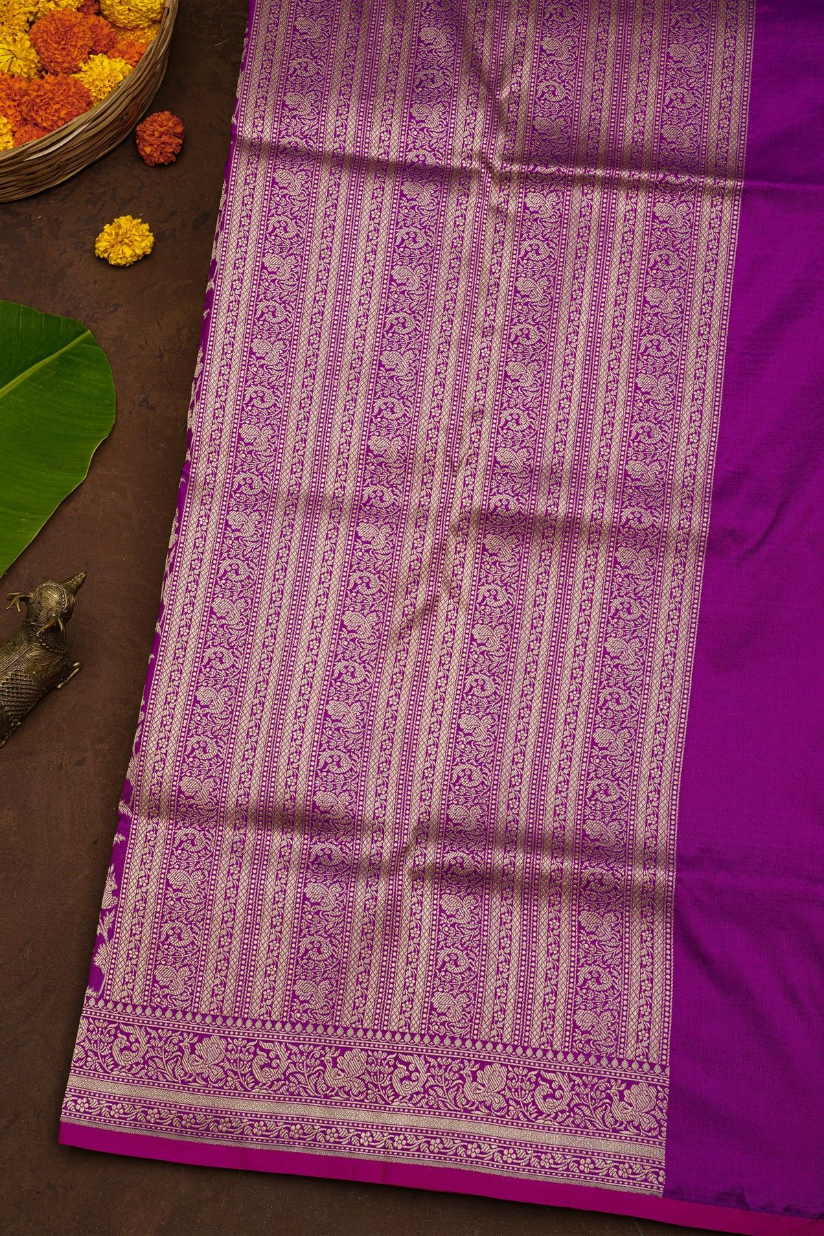 Banarasi Silk Purple Saree With Florals And Birds