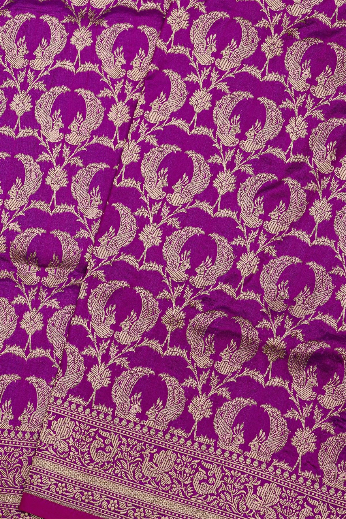 Banarasi Silk Purple Saree With Florals And Birds
