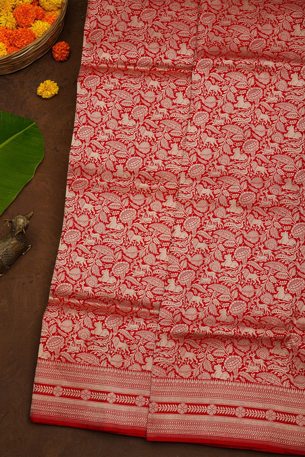 Banarasi Silk Red Saree With Florals And Animals Body