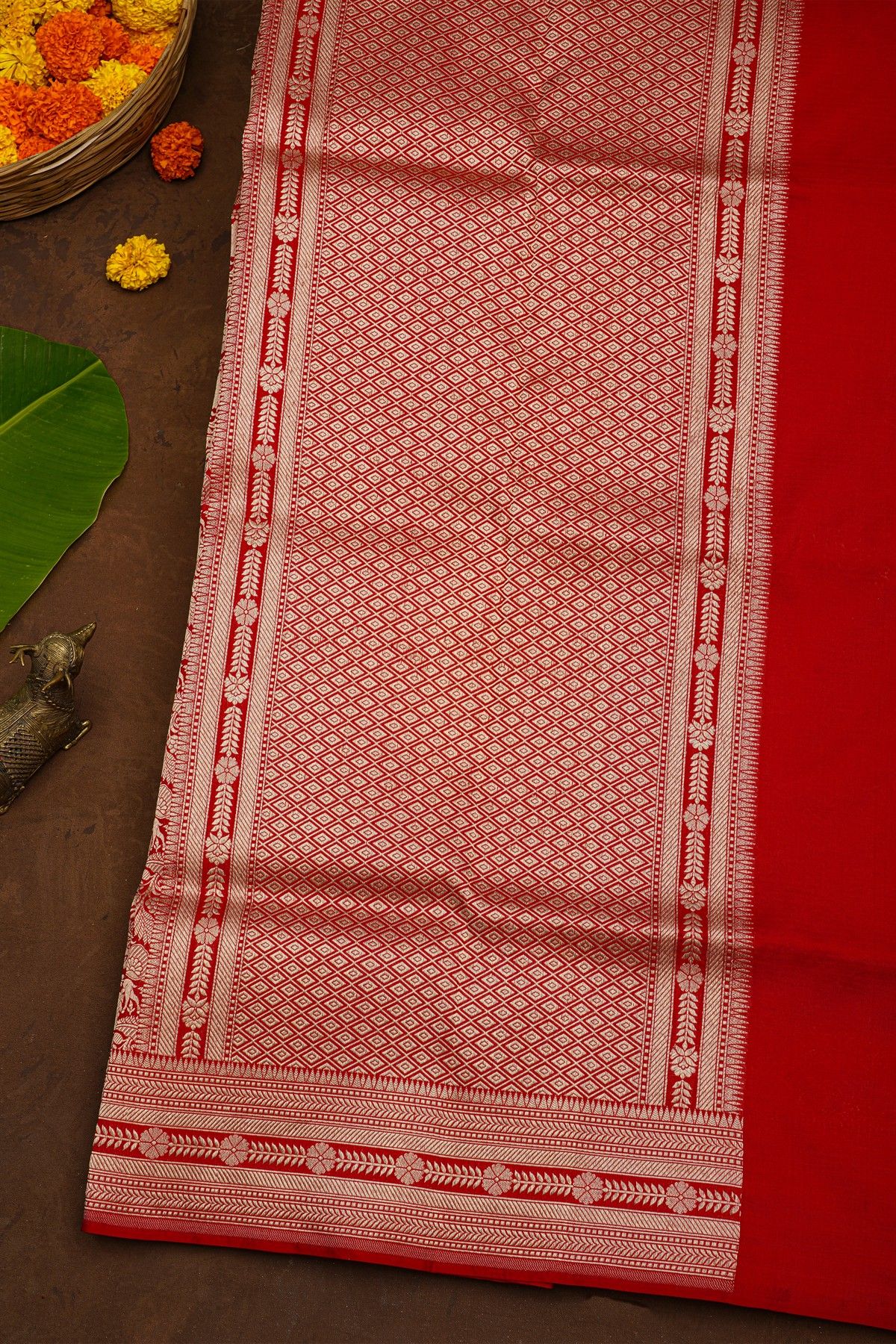 Banarasi Silk Red Saree With Florals And Animals Body