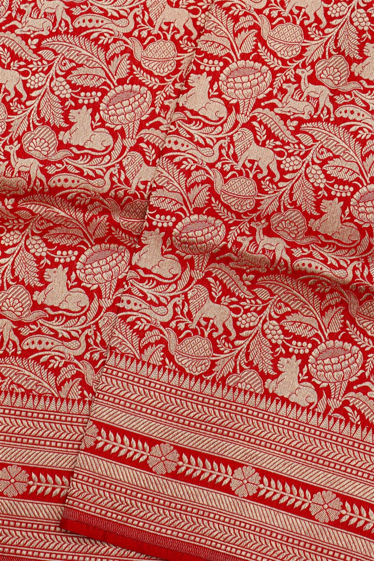 Banarasi Silk Red Saree With Florals And Animals Body