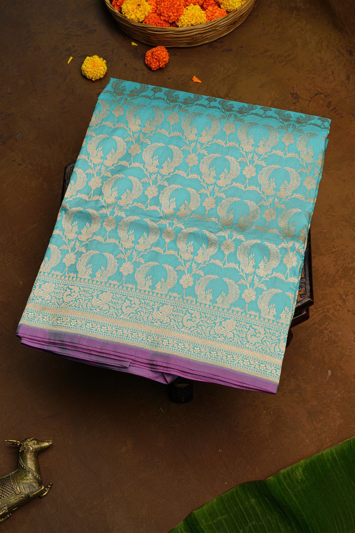 Banarasi Silk Sky Blue Saree With Florals And Birds