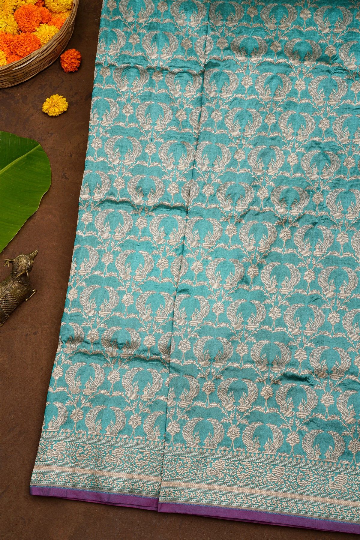 Banarasi Silk Sky Blue Saree With Florals And Birds